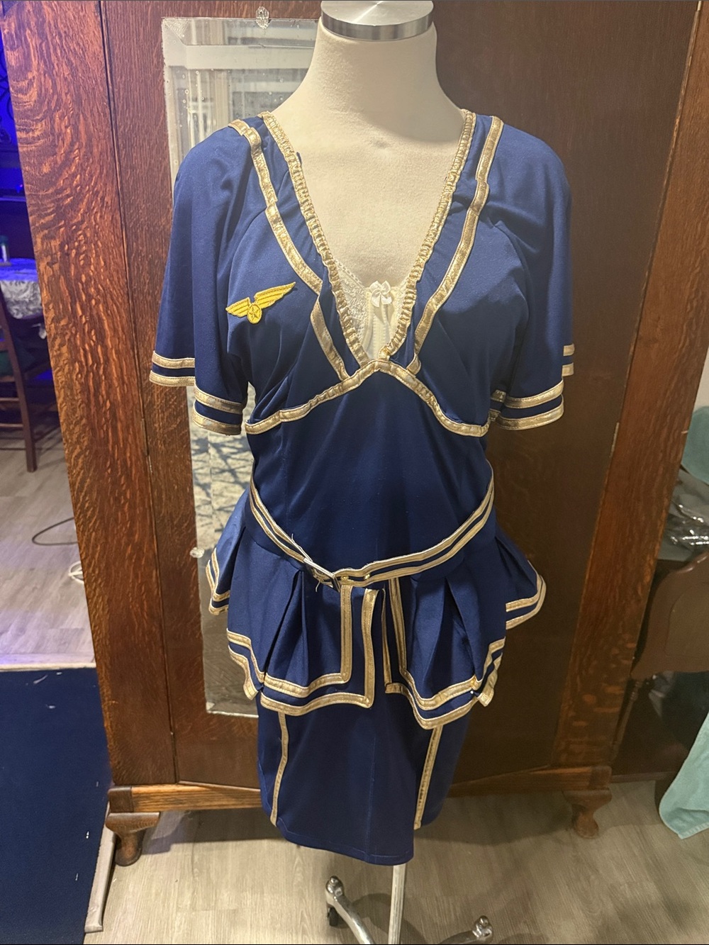 Navy Midi Dress with Gold Trim and Peplum Detail